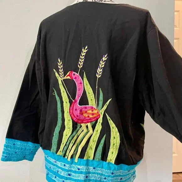 90’s Y2K FLAMINGO ALL OVER BLAZER COAT EMBROIDERED BEADED SZ XL RARE  ECLECTIC - Picture 11 of 16